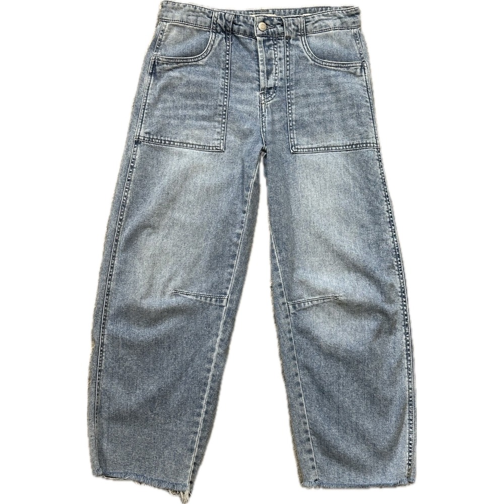 OAT New York Cloud Luxe Cropped Barrel Jeans 6/28 Light Wash Raw Hem Utility